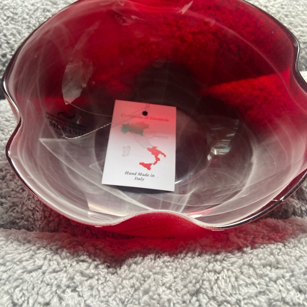 Murano Glass Decorative Bowl NEW w Tags 8" ×  8”  x 3” Red Swirl Italy